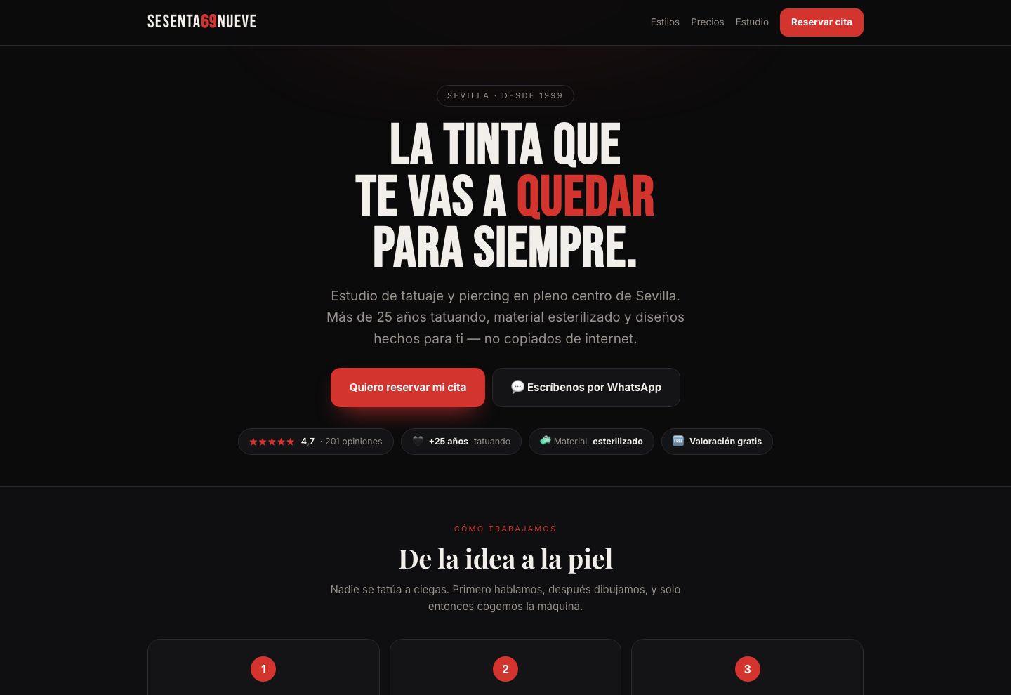 Demo de web con reservas para estudio de tatuajes de Sesentainueve Tattoo