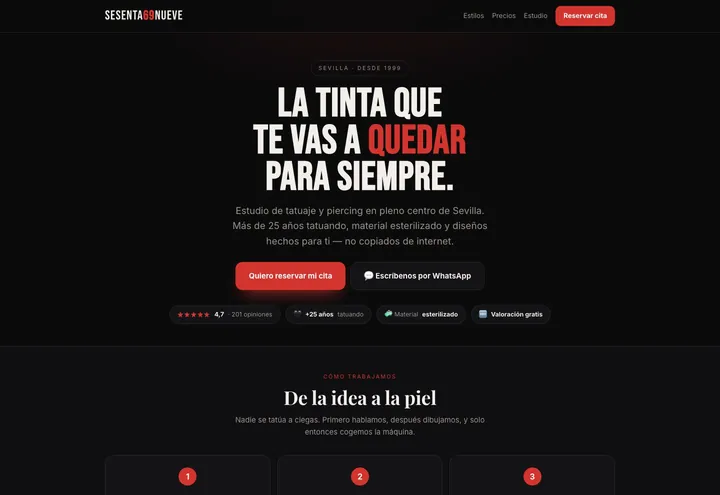 Demo de web con reservas para estudio de tatuajes de Sesentainueve Tattoo